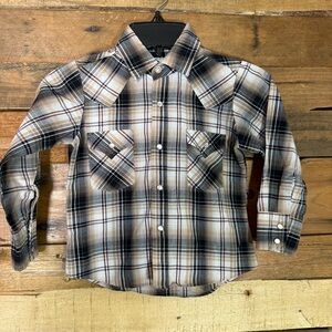 Boy's Ely Cattleman Long Sleeve‎ Brown and Black Plaid Western Snap Shirt size 4
